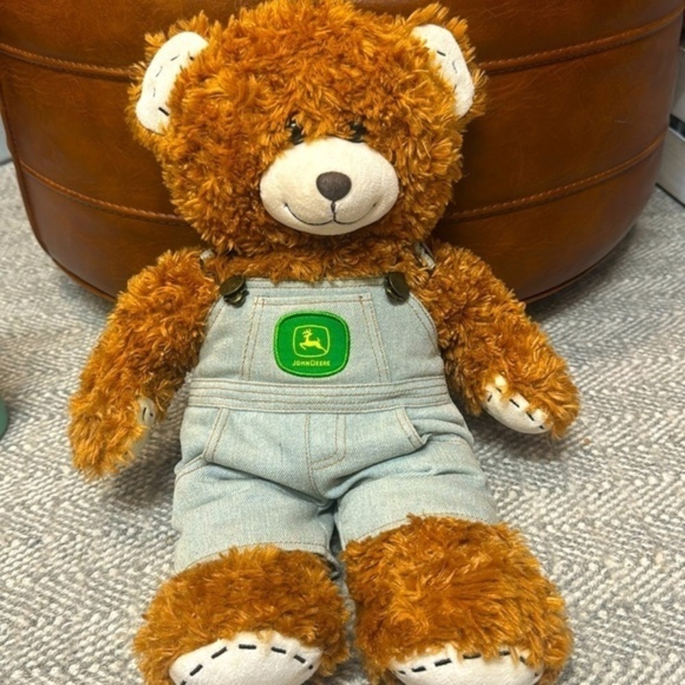 Teddy bear plush with John‎ Deere denim bib overalls